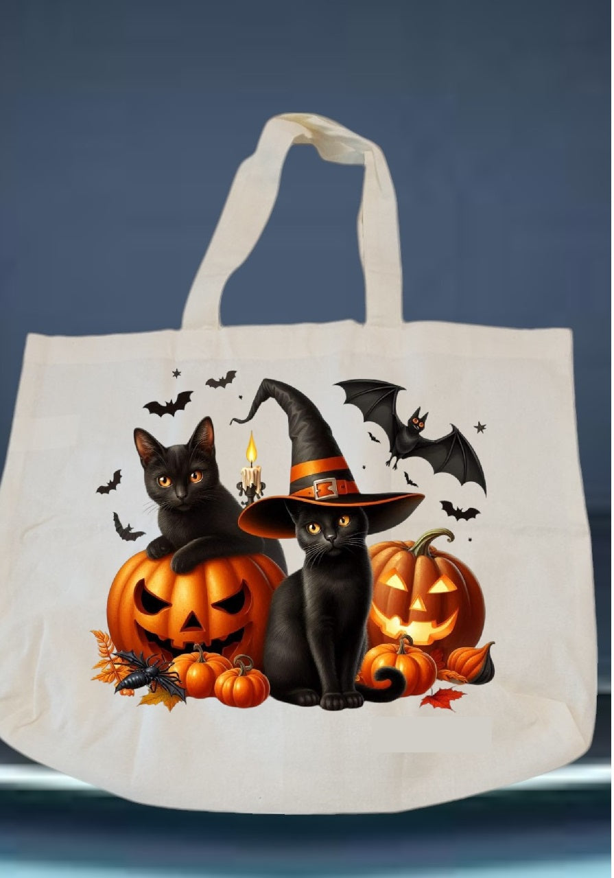 Custom Graphic Halloween Tote Bag Black Cats and bats on Pumpkins
