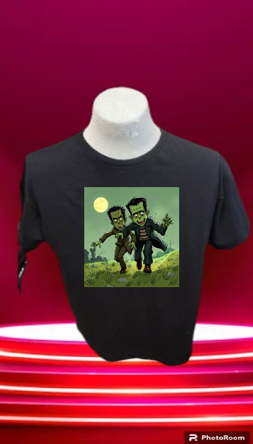 Custom graphic T-Shirt Frankenstein & friend running Design LG BK