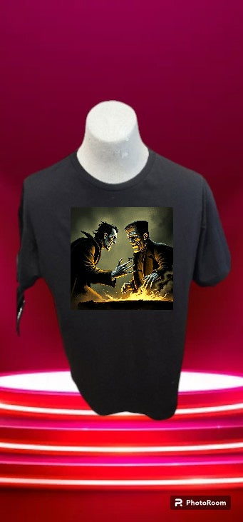Custom graphic T-Shirt Frankenstein and Count Dracula Design LG BK