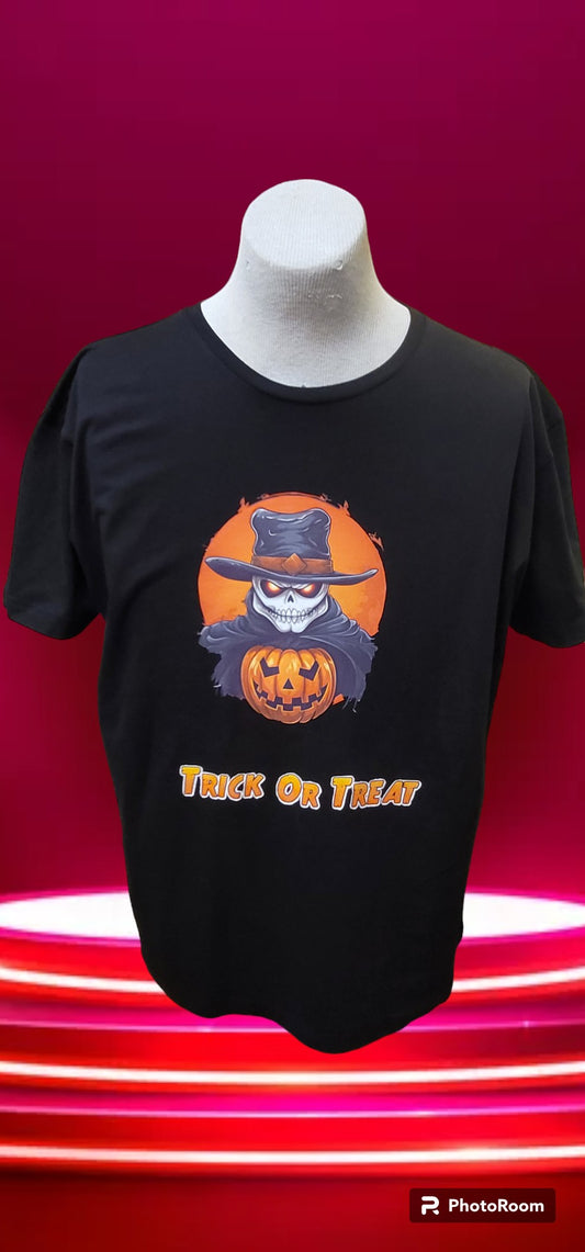 Custom Graphic T-Shirt Skull W/cowboy hat Trick or Treat design