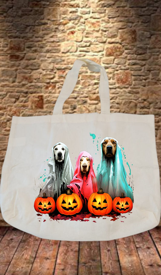 Custom Graphic Halloween Tote Bag Dog Ghost in Pumpkin patch