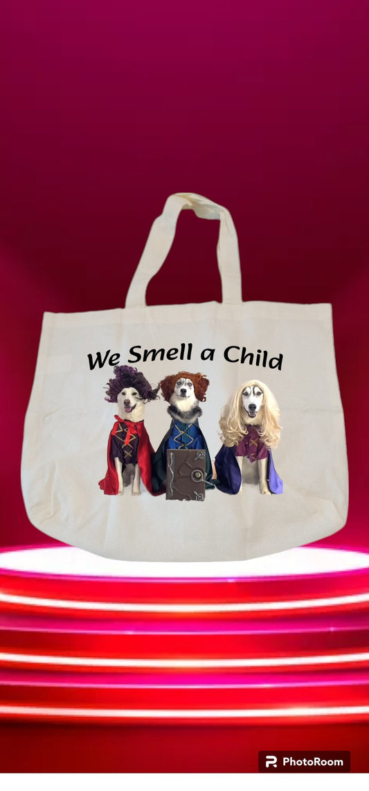 Custom Graphic Halloween Tote bag We Smell a Child Design