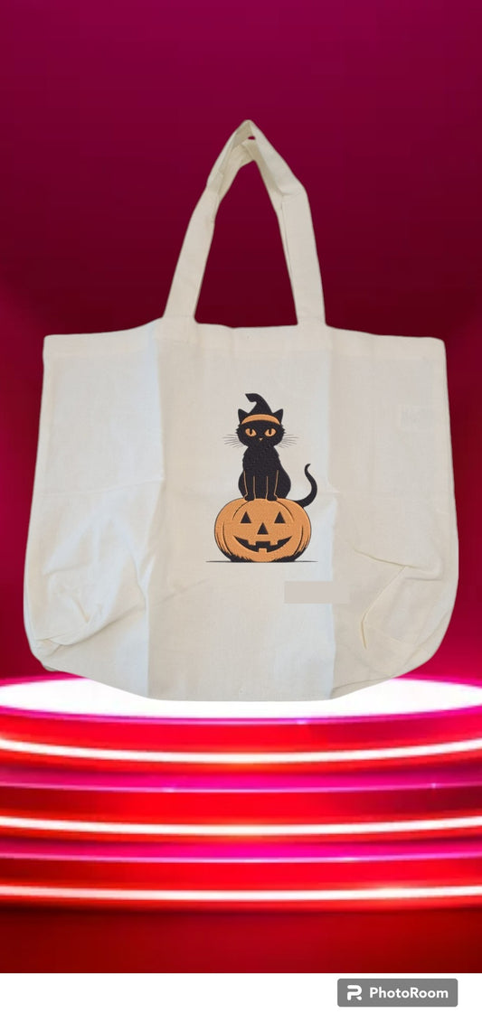 Custom Graphic Halloween Tote Bag Black Cat on  Pumpkin