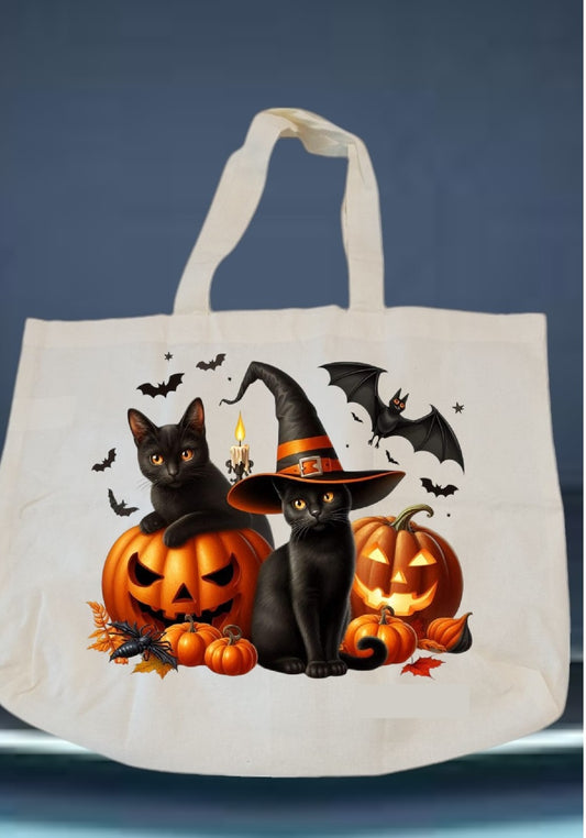 Custom Graphic Halloween Tote Bag Black Cats and bats on  Pumpkins