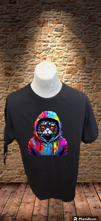 Custom Graphic T-Shirt Black & White cat in colorful Hoodie # 3 design