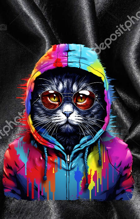 Custom Graphic T-Shirt Black & White cat in colorful Hoodie # 3 design