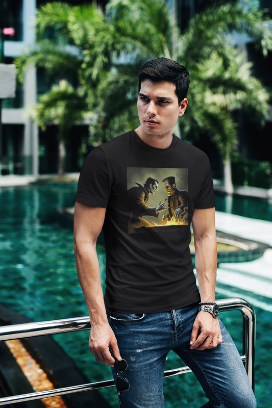 Custom graphic T-Shirt Frankenstein and Count Dracula Design LG BK